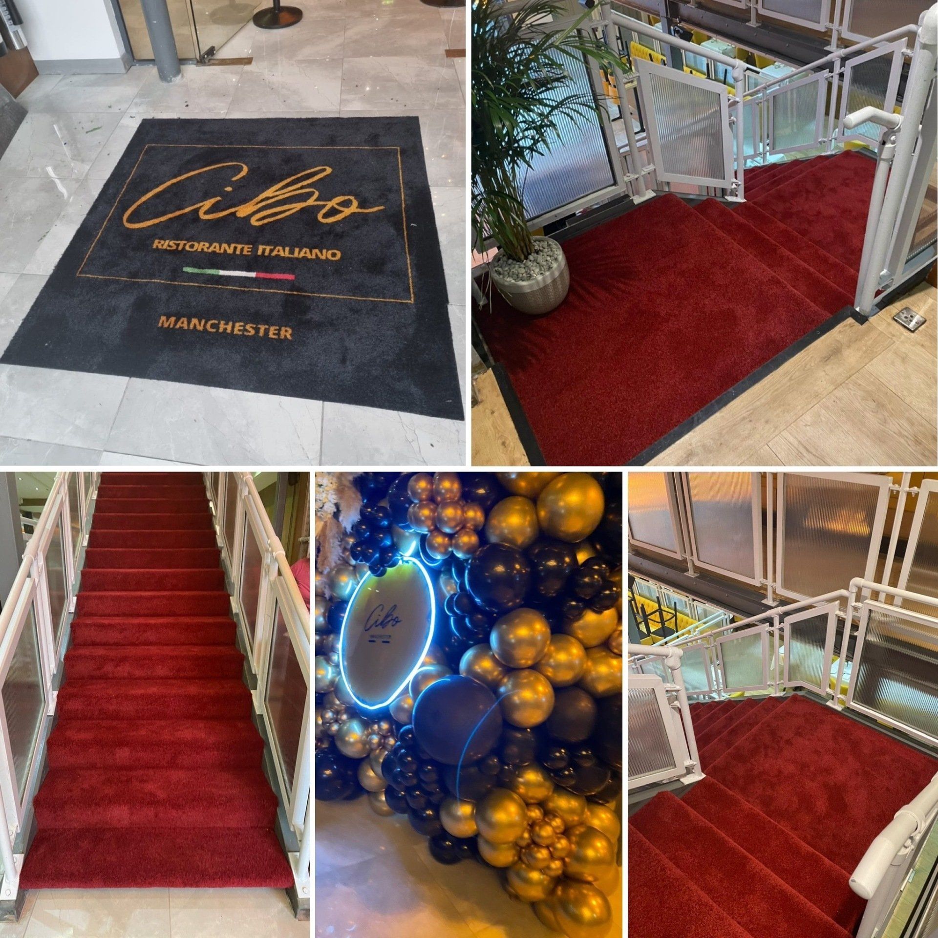 A collage of photos showing a red carpet and stairs