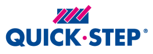 A blue and pink quick step logo on a white background