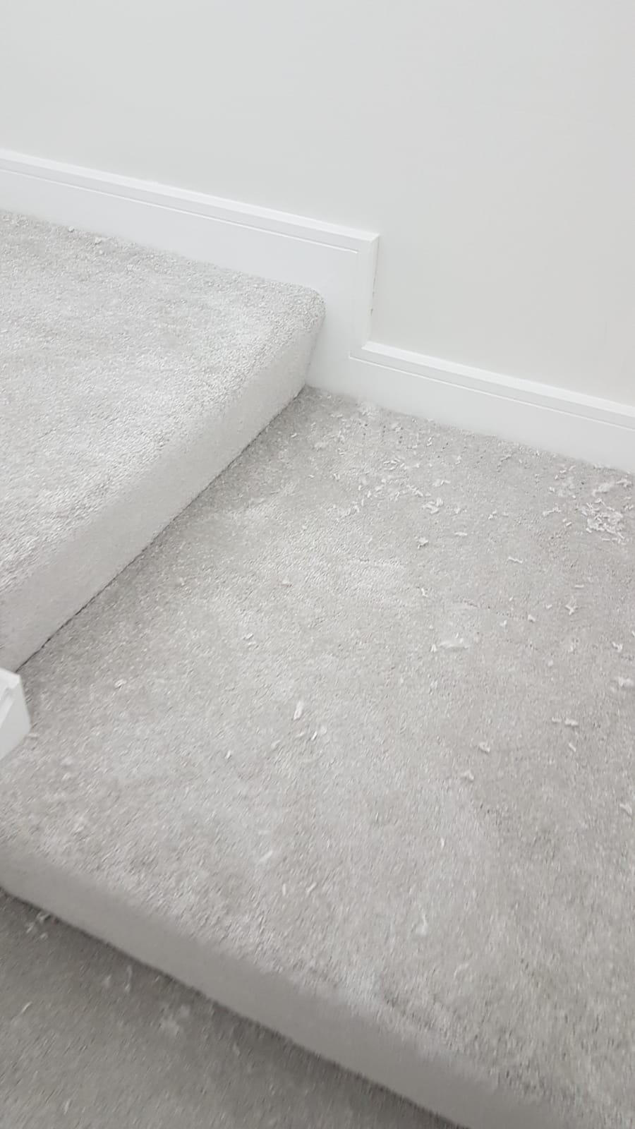 A close up of a carpeted staircase with a white railing.