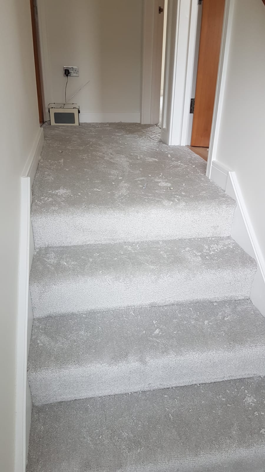 A hallway with stairs and a carpeted floor in a house.