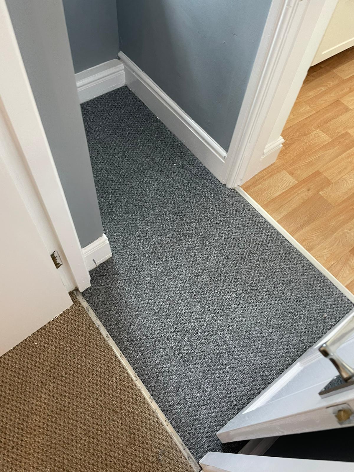A hallway with a carpeted floor and a wooden floor.