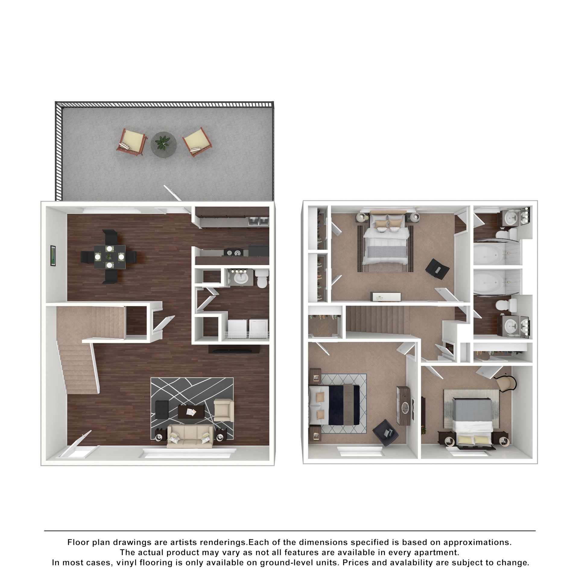 Floor plan of a two-story apartment with a patio, open living and dining area, kitchen, three bedrooms, and two bathrooms.