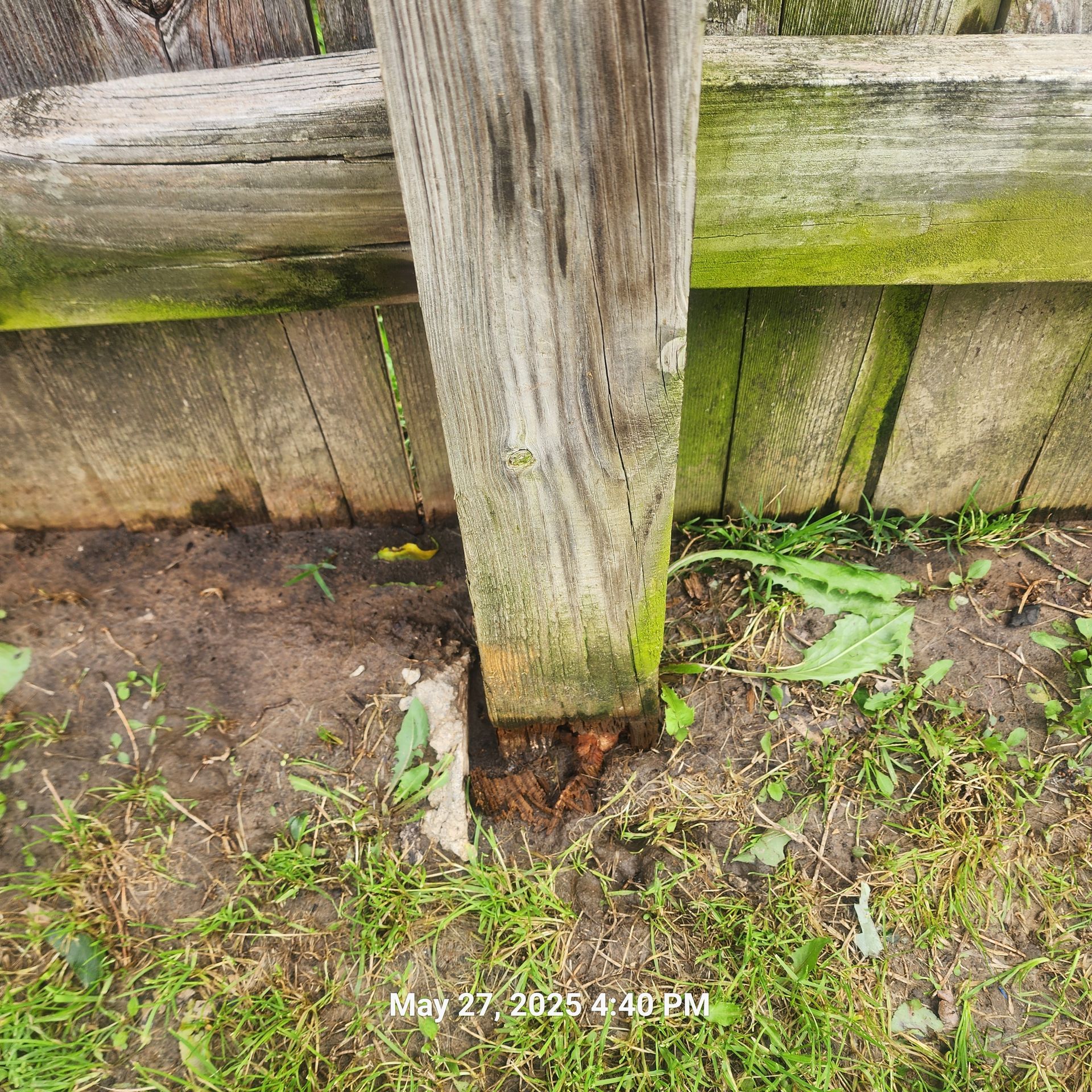 A wooden post is sitting in the grass next to a wooden fence.