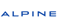 The logo for alpine is blue and white on a white background.