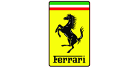 A ferrari logo with a horse on its hind legs on a yellow background.
