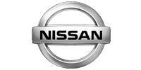 A close up of a nissan logo on a white background.