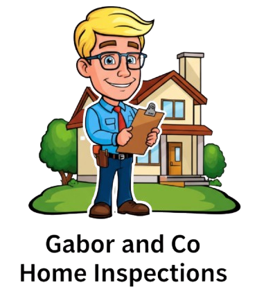 Cartoon home inspector in front of a house; blond hair, glasses, holding clipboard.