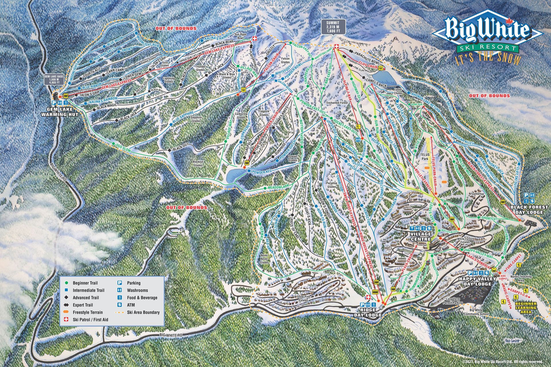 A map of a ski resort with a mountain in the background.
