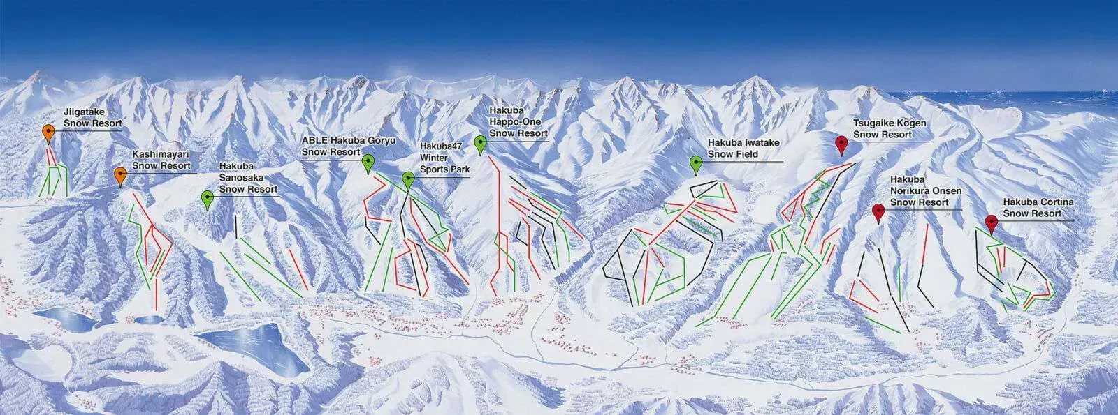 A map of a ski resort with a blue sky in the background