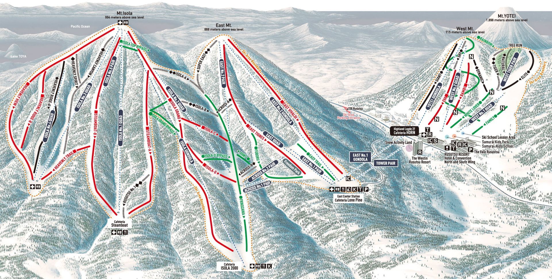 A map of a ski resort with a mountain in the background.