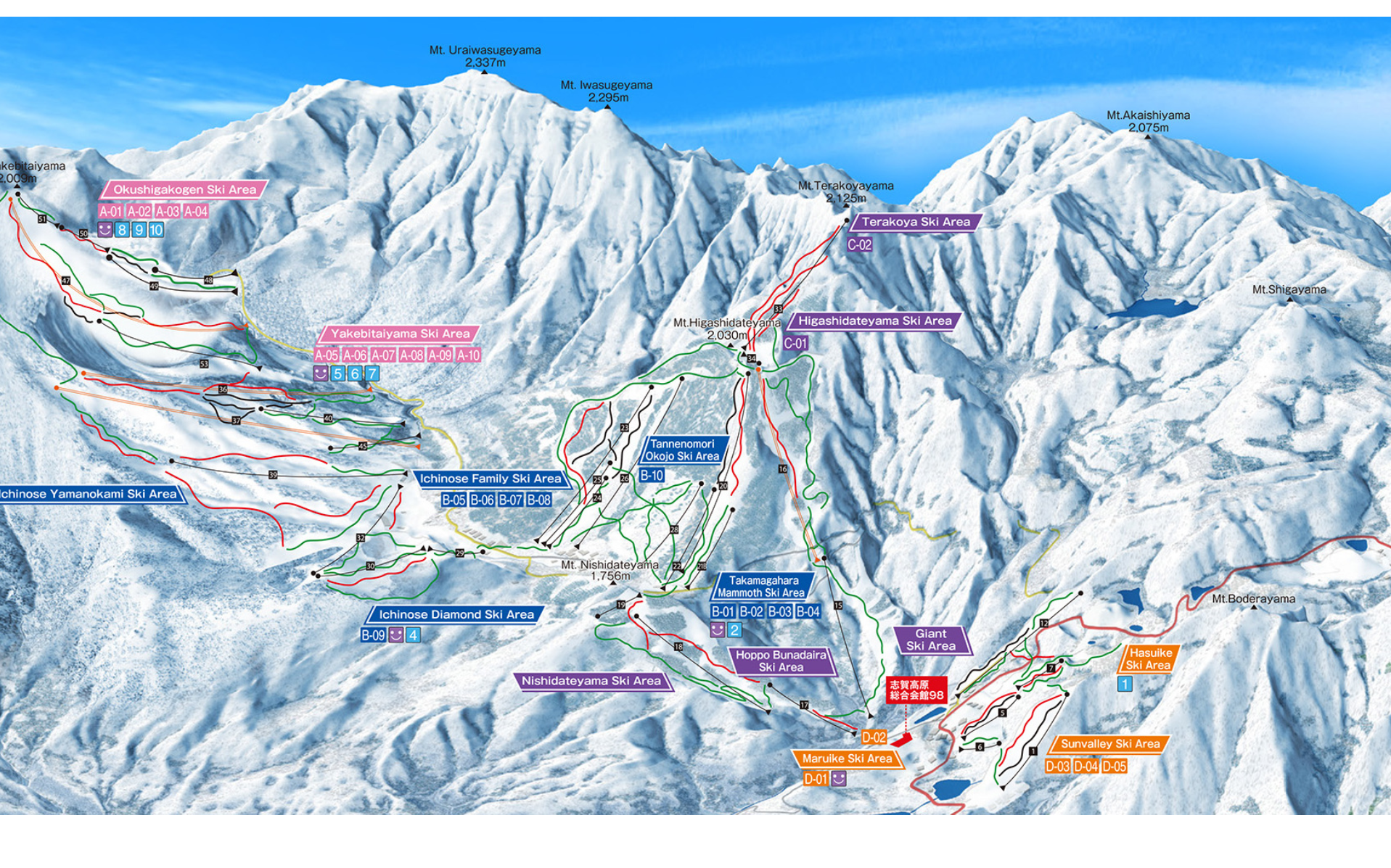 A map of a ski resort surrounded by snow covered mountains.