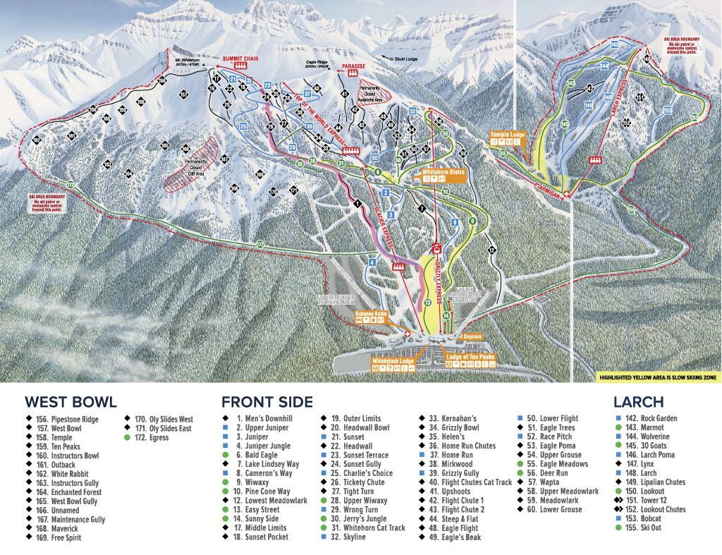 A map of a ski resort shows the west bowl and front side