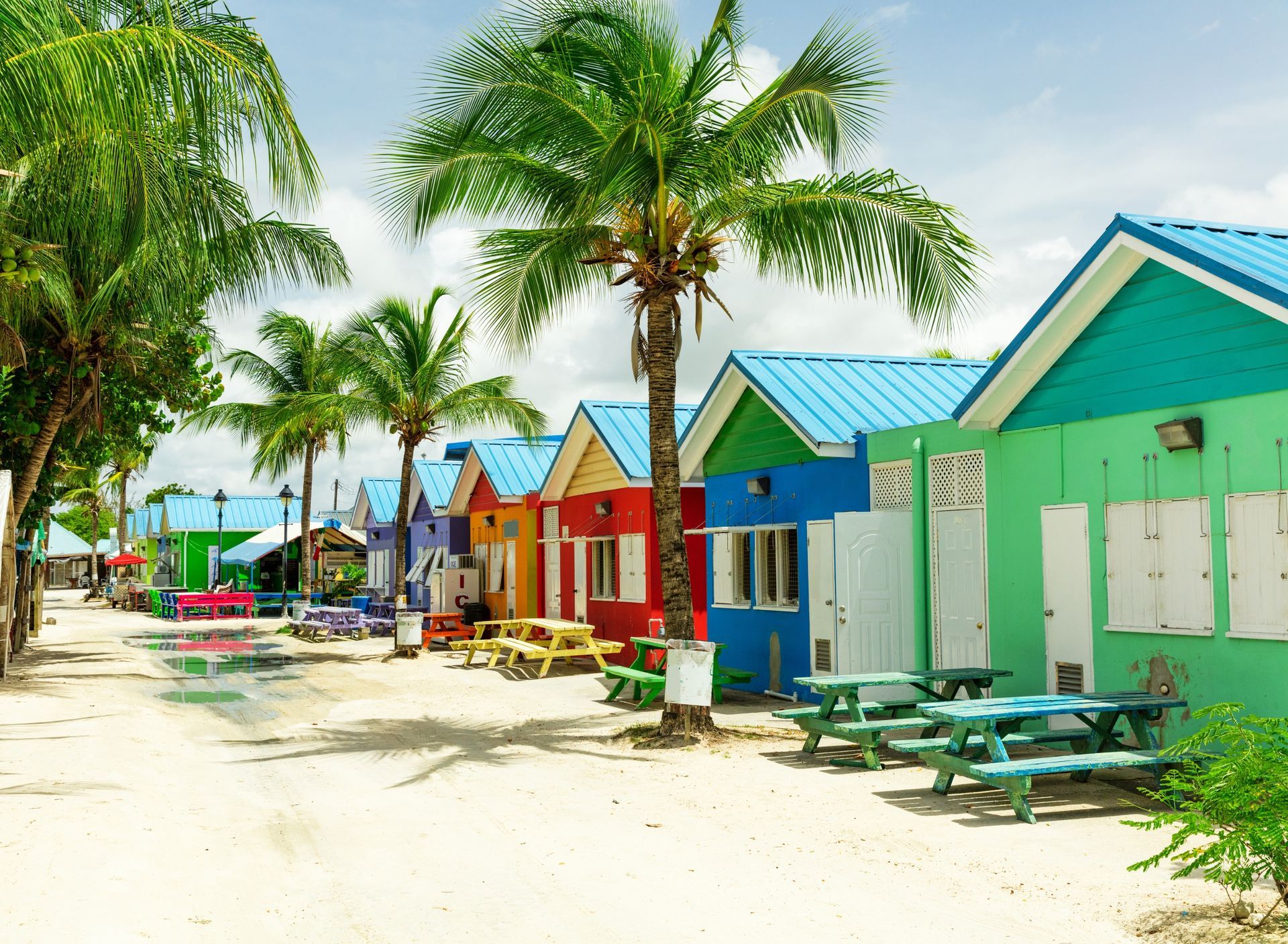 A row of colorful houses on a beach with palm trees