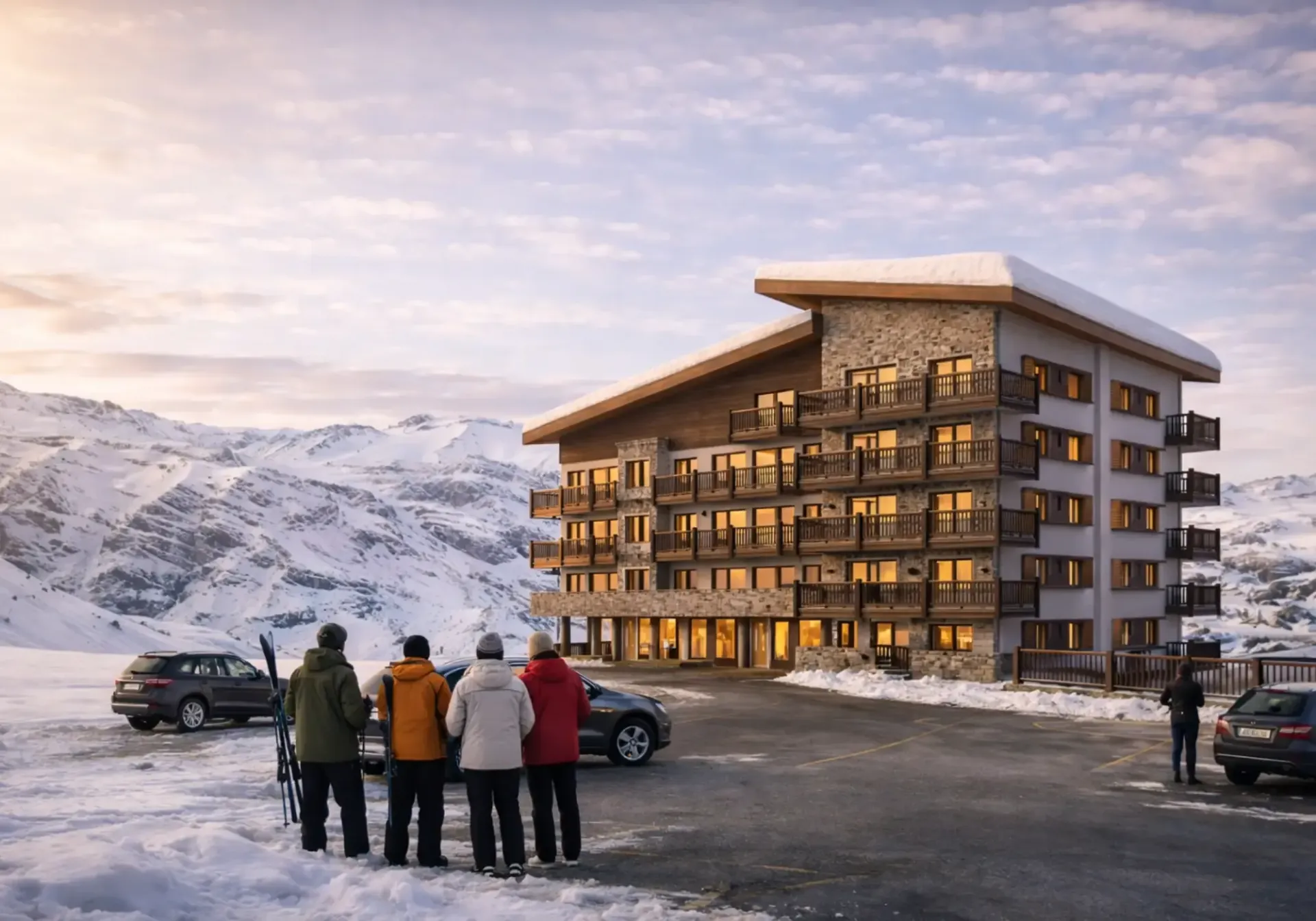 People in winter gear stand by cars outside a modern mountain lodge at sunset.