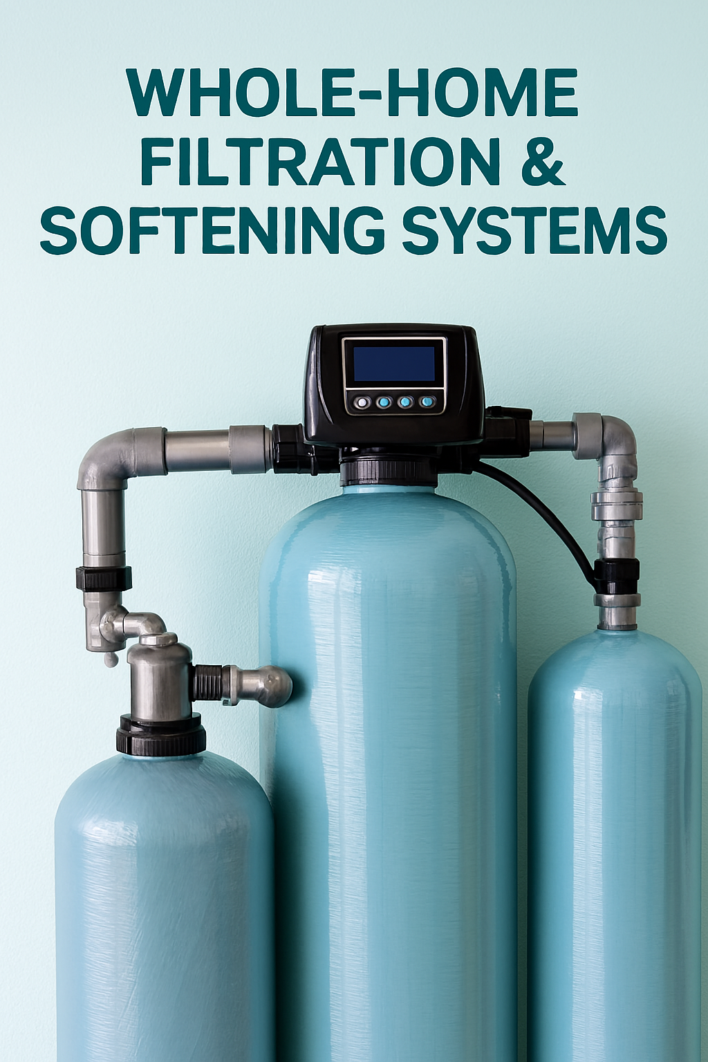 Blue whole-home water filtration and softening system against a light blue wall.
