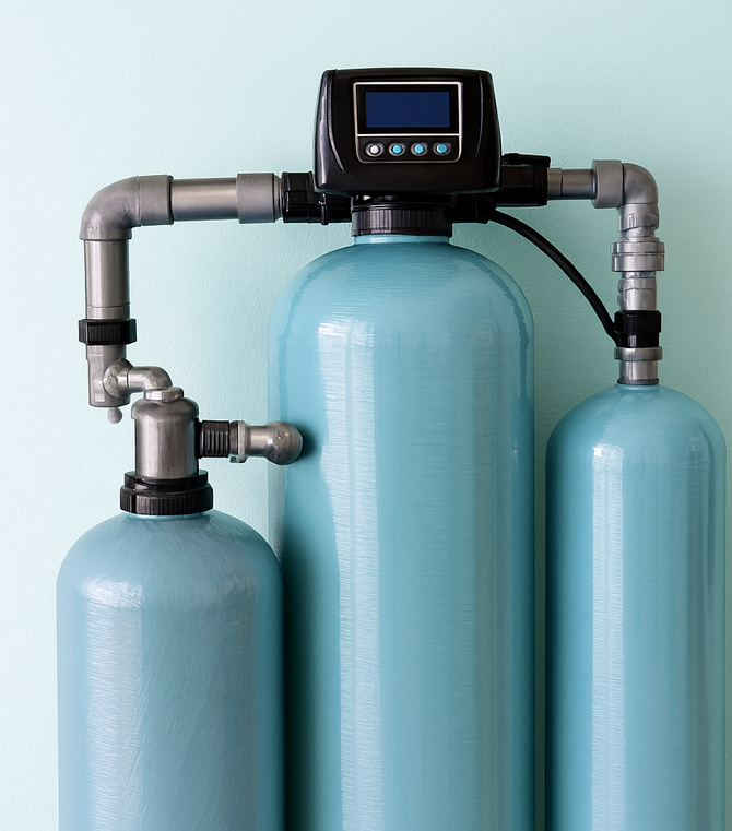 Blue water filtration system with digital control panel.