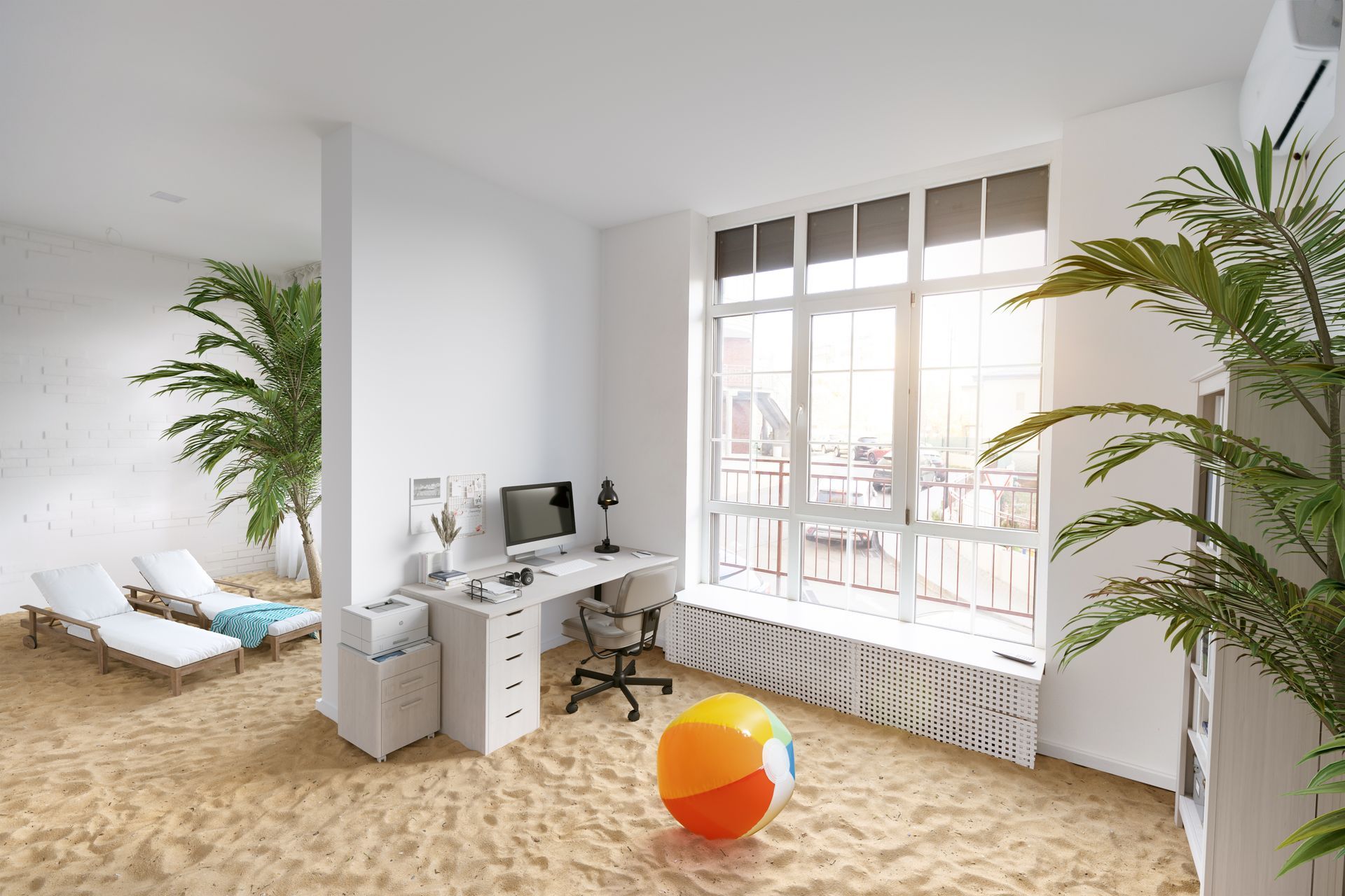 There is a beach ball in the middle of the room.