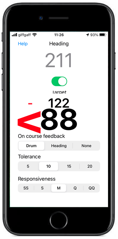 A picture of an Apple iPhone. On the screen is the VISCompass app, showing heading, course feedback, tolerance and responsiveness values.