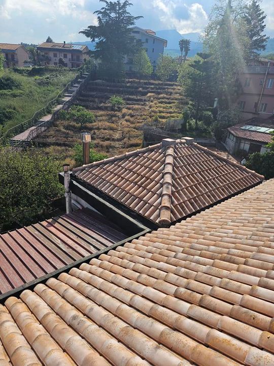Tetti di tegole in primo piano, collina terrazzata con vegetazione rada sullo sfondo, giornata di sole.