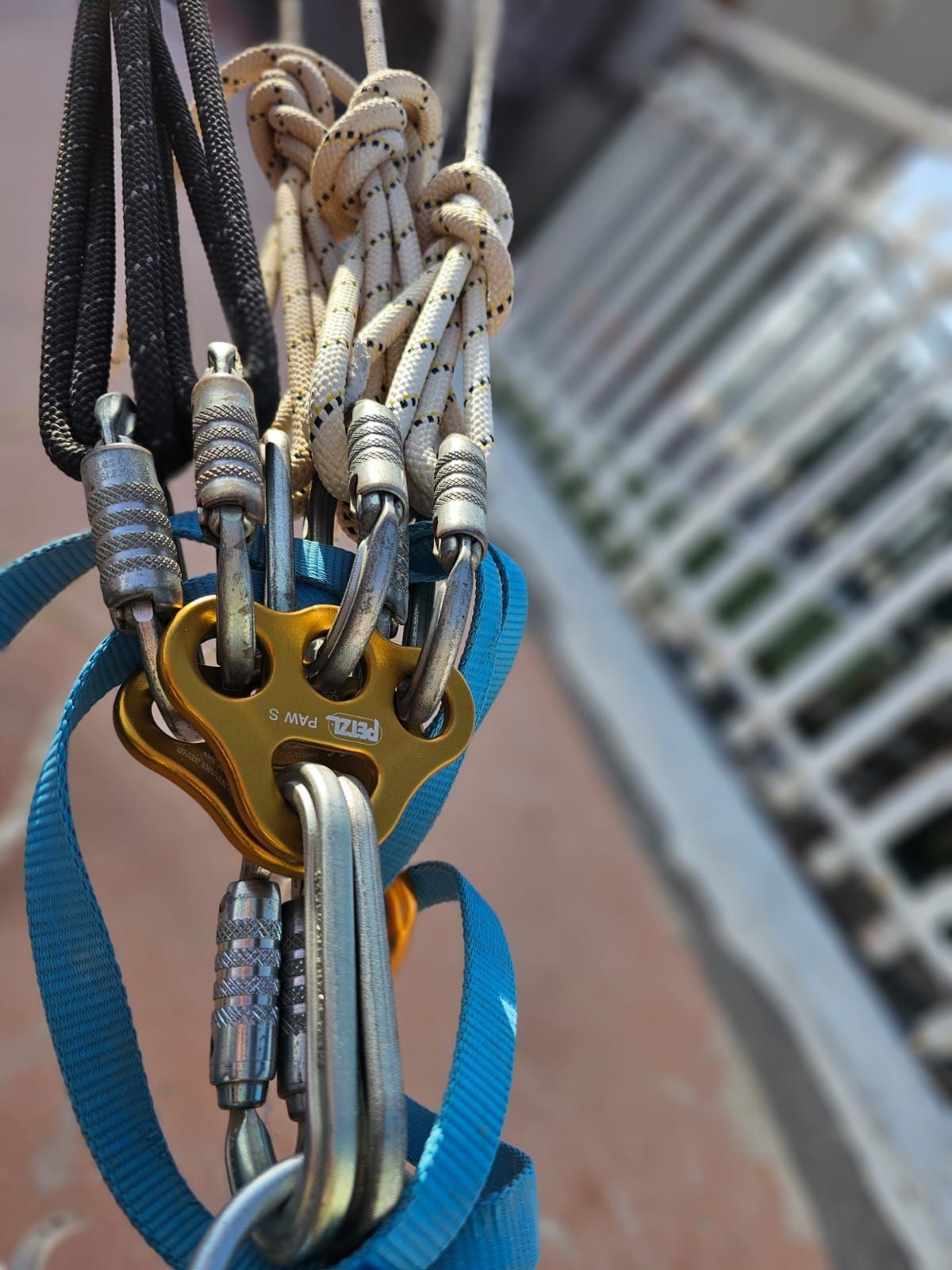 Attrezzatura da arrampicata, corde e moschettoni fissati a un dispositivo di sicurezza, in un ambiente esterno sfocato.