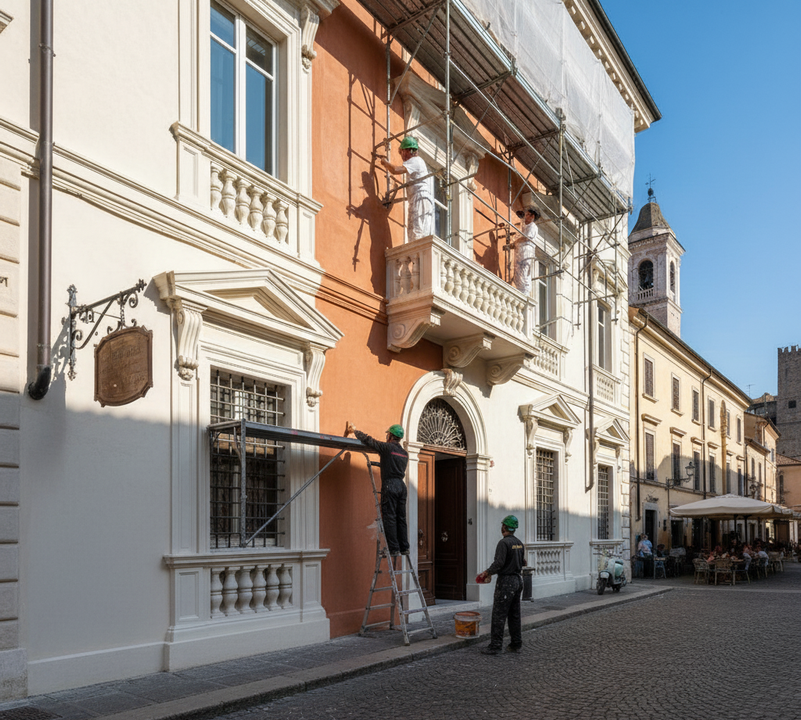 Operai che dipingono la facciata di un edificio storico in una piazza pubblica. Sono visibili impalcature, una strada in mattoni e il campanile di una chiesa.