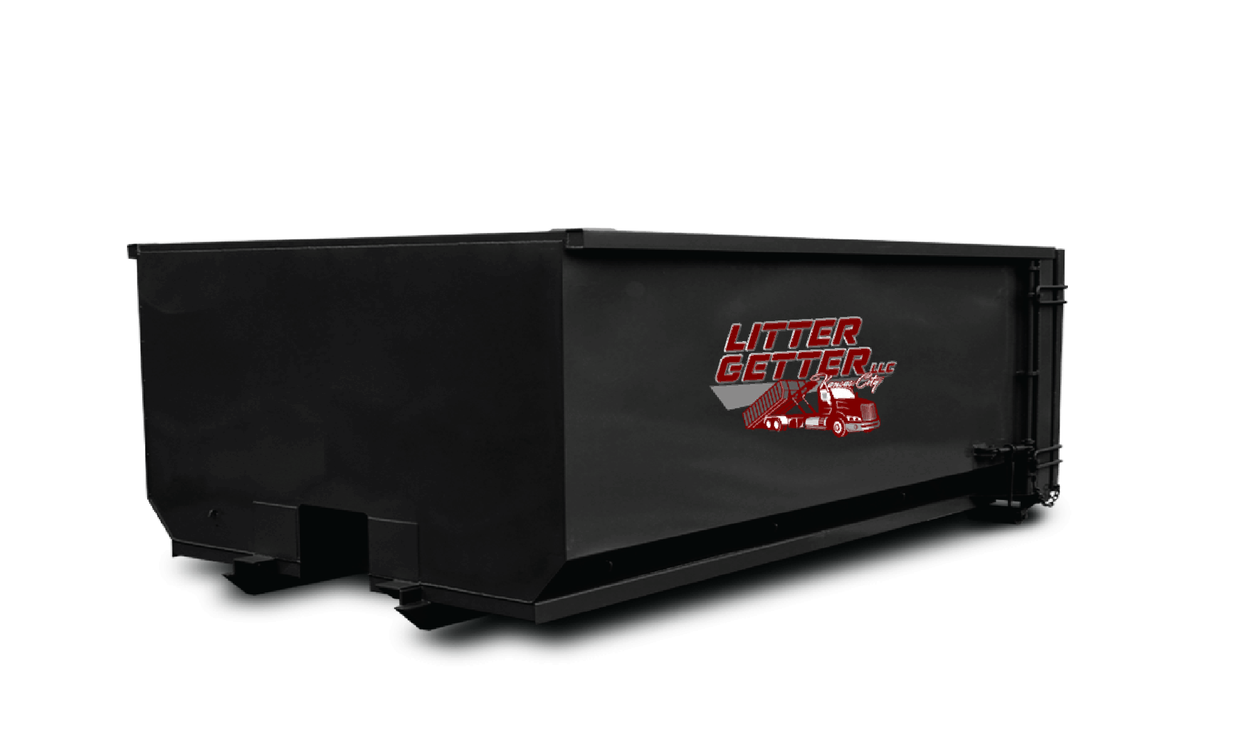 A black dumpster is sitting on top of a white surface.