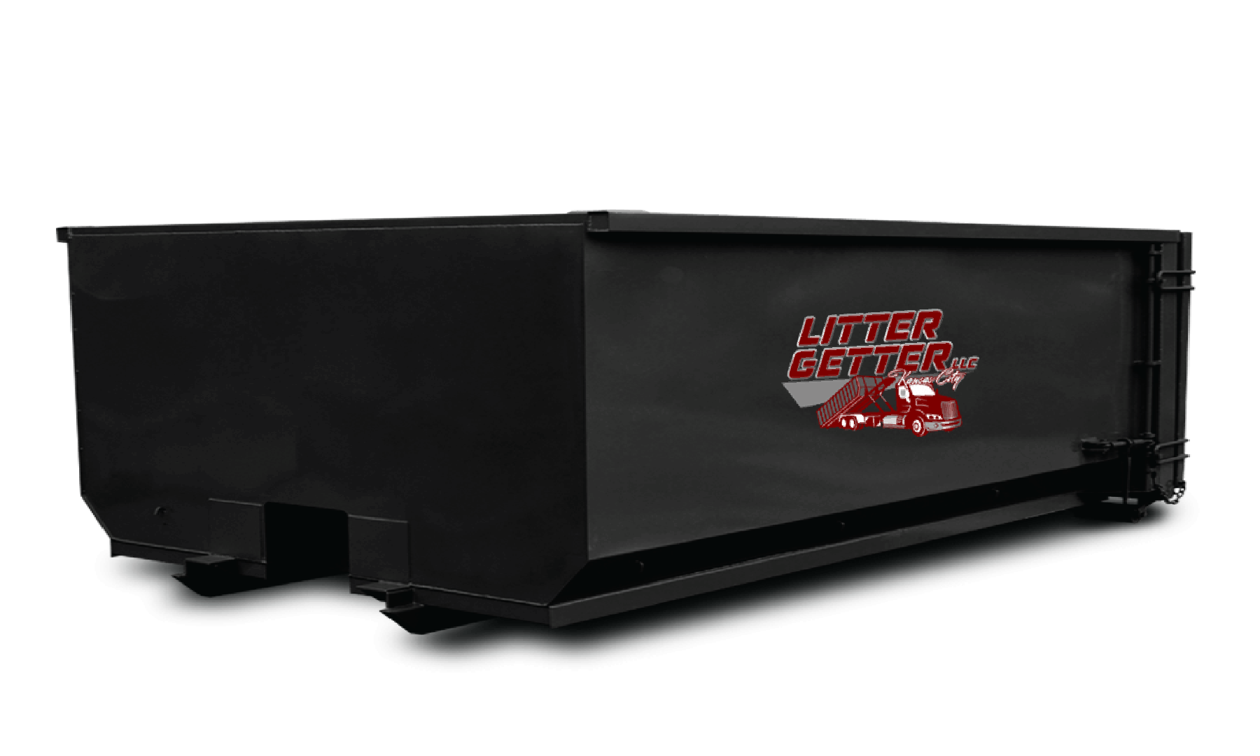A black dumpster is sitting on top of a white surface.
