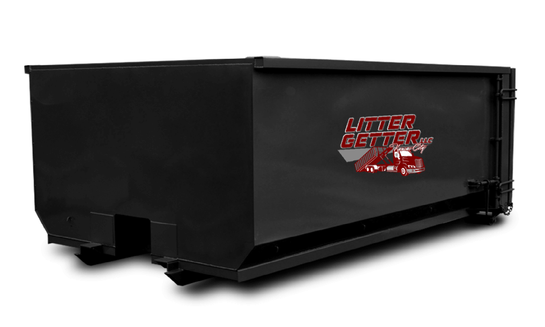 A black dumpster with a red truck on it is on a white background.