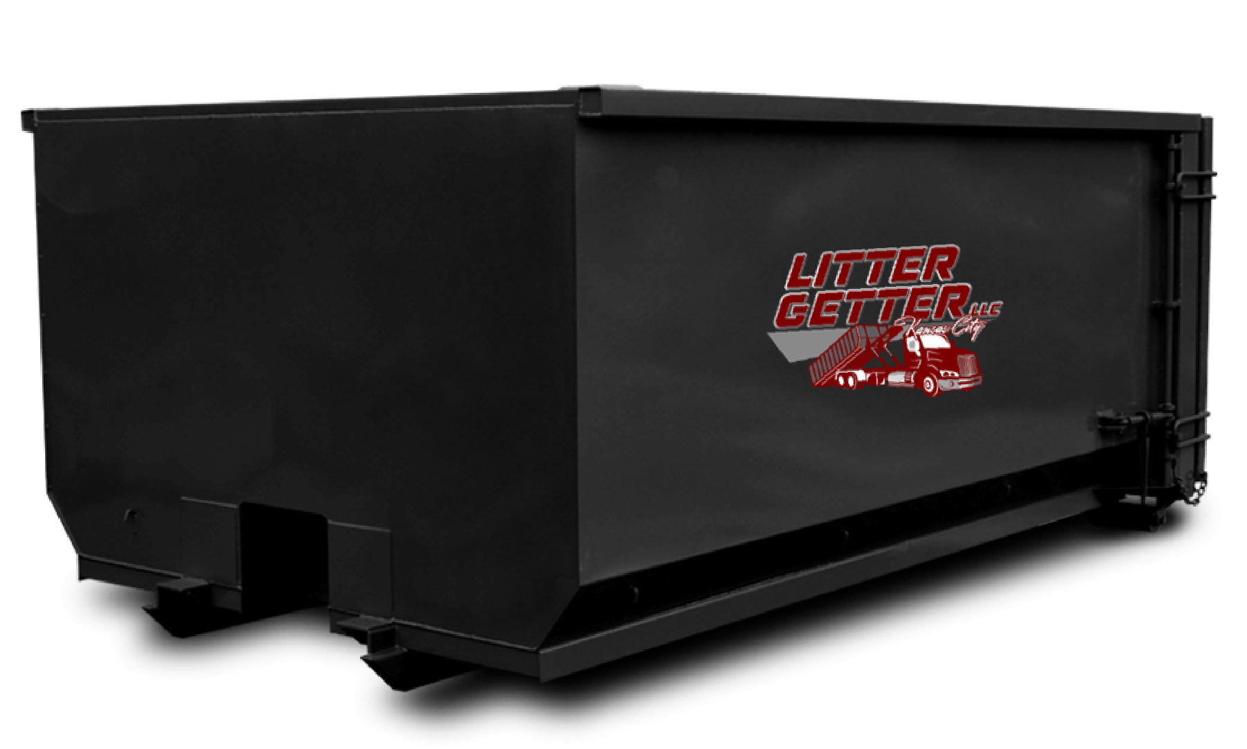 A black dumpster with a red truck on it is on a white background.