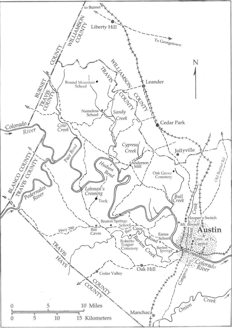 Map of Western Travis and Williamson counties