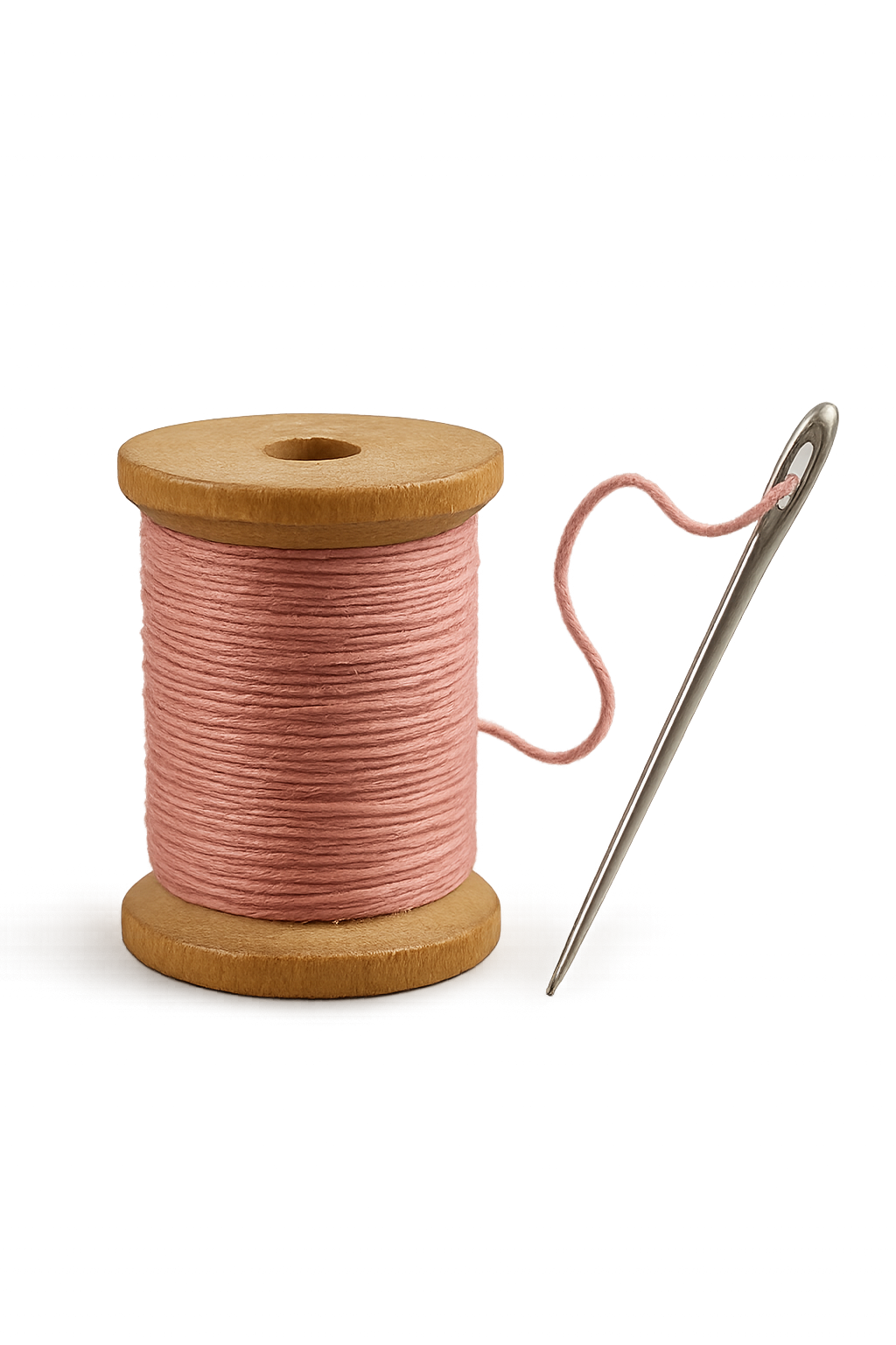 Rocchetto di filo rosa con un ago infilato nel foro.