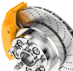 Close-up of a yellow brake caliper and perforated silver brake disc assembly
