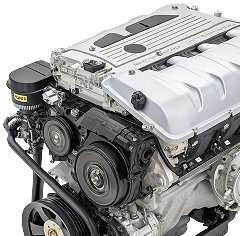 Close-up of a modern car engine with black pulleys and a silver cover.