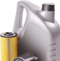 Gray motor oil jug beside a yellow pleated oil filter on a white background