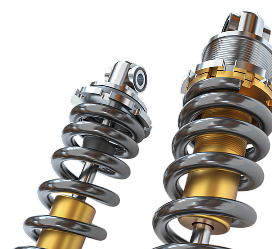 Two chrome coilover car shocks with springs, one silver and one gold, on a white background