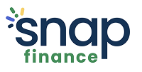 Snap Finance logo with dark blue and green text and abstract dots on a white background