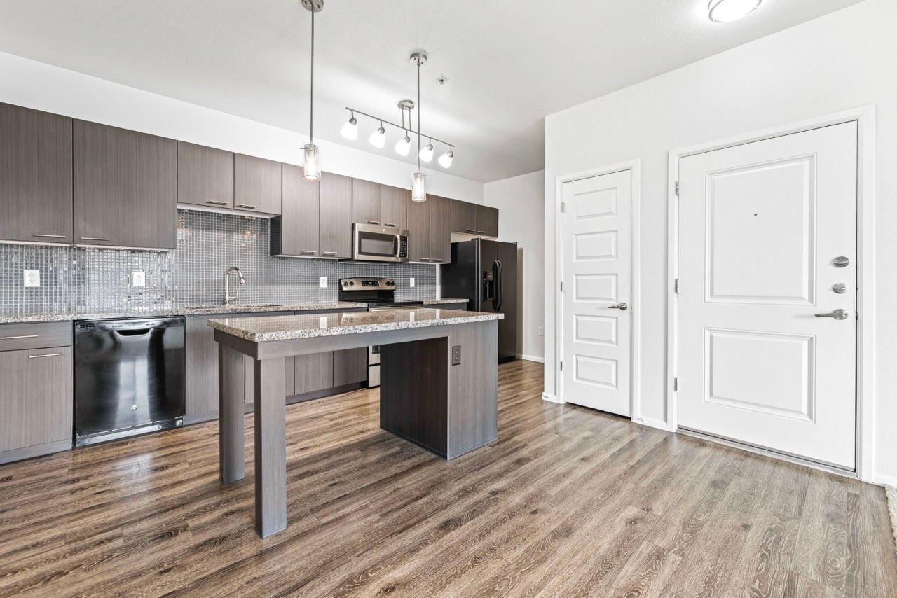 Modern kitchen with gray cabinetry, island, and stainless steel appliances.