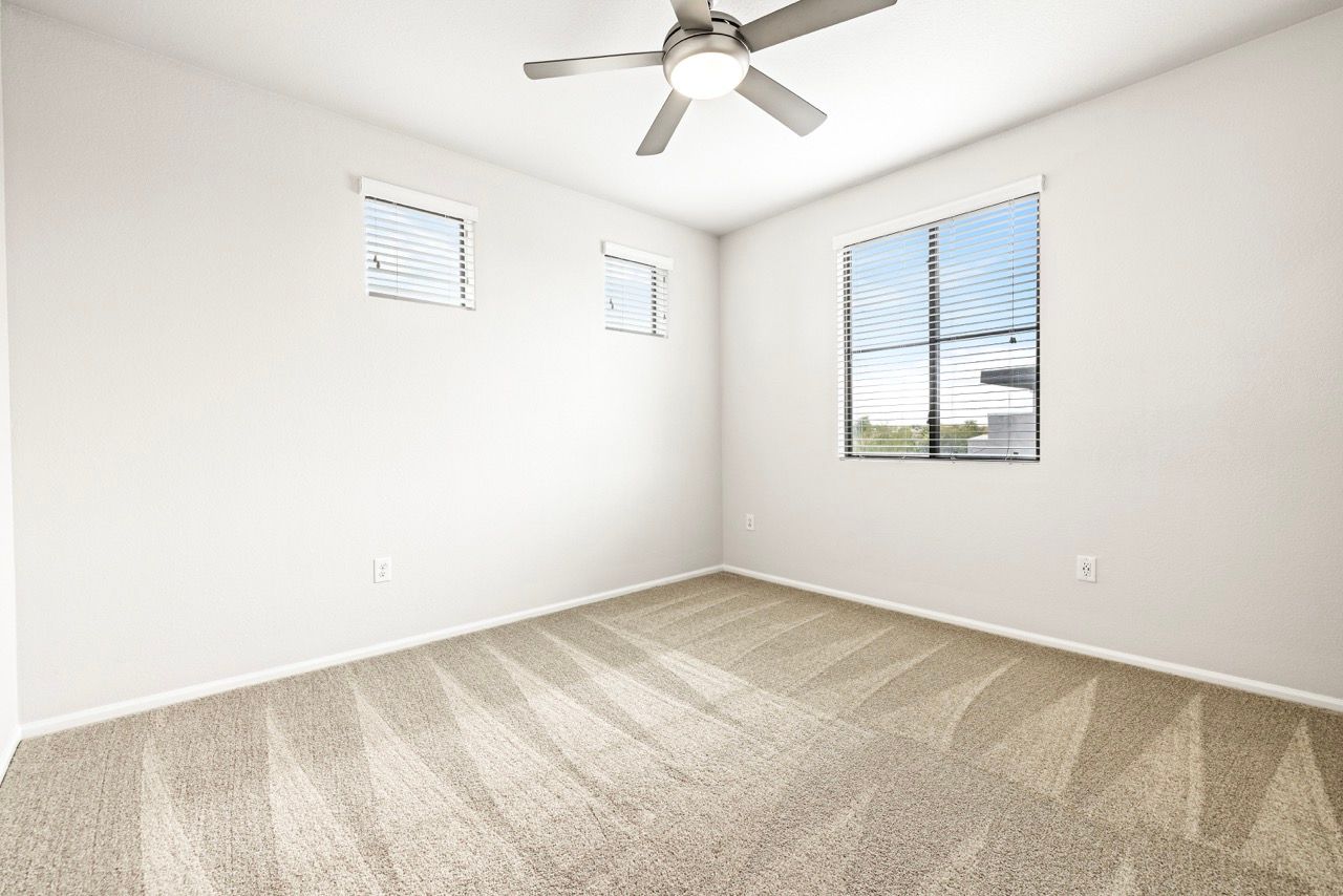 Empty beige-carpeted room with a ceiling fan and multiple windows.