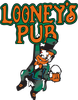 A logo for looney 's pub with a leprechaun holding a beer