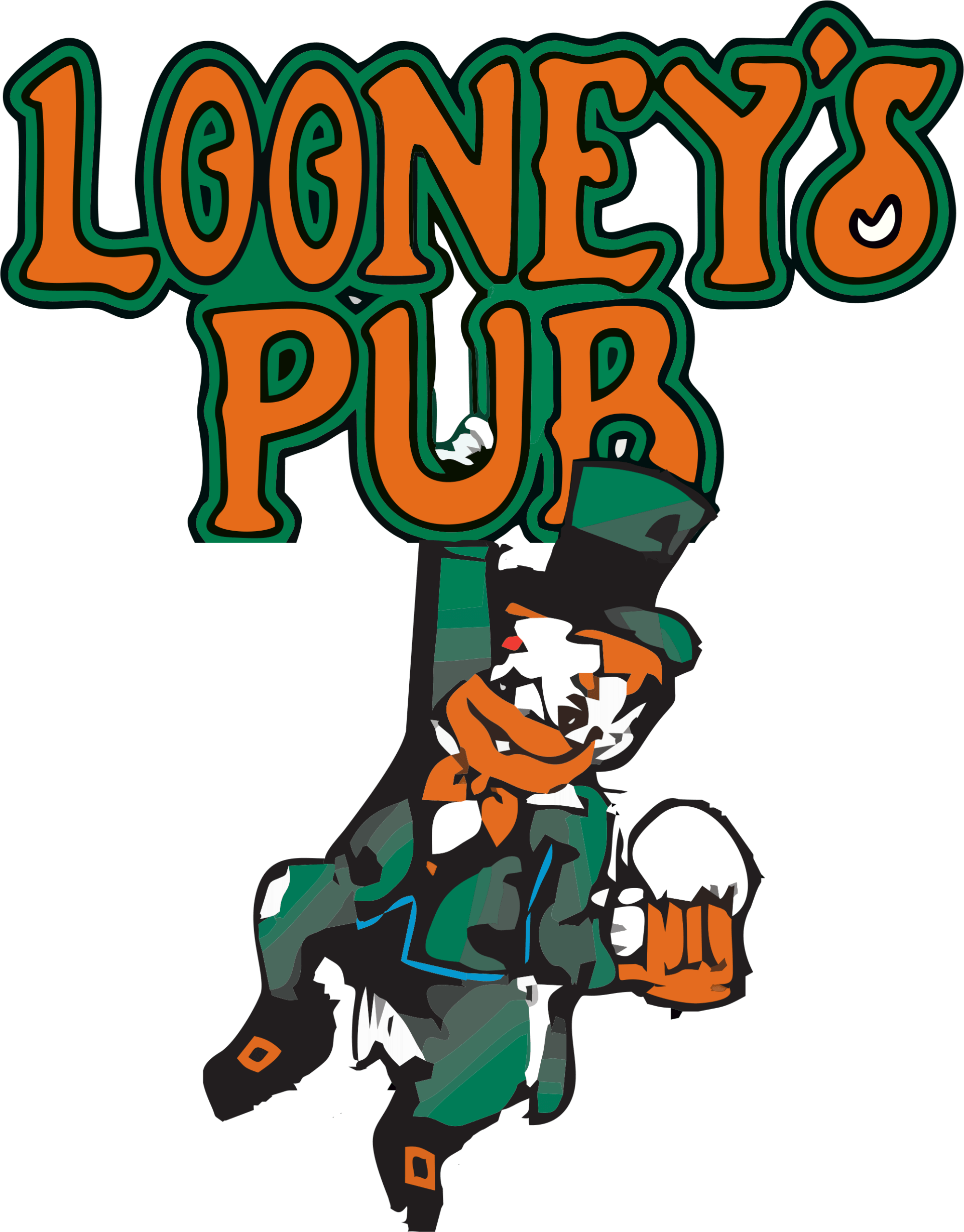 A logo for looney 's pub with a leprechaun holding a beer