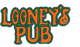 The logo for looney 's pub is orange and green on a white background.