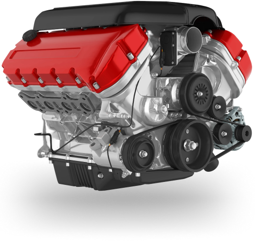 Engine, metal, with pulleys and belts, against a white background. | Arizona Engine Rebuilding