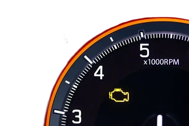 Dashboard showing the check engine light illuminated, with the needle near 4000 RPM. | Arizona Engine Rebuilding