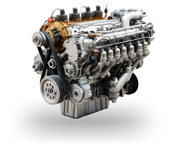 Engine, metal, with pulleys and belts, against a white background. | Arizona Engine Rebuilding