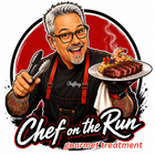 Chef holding a skillet and a plated steak, with “Chef on the Run” text on a red background.