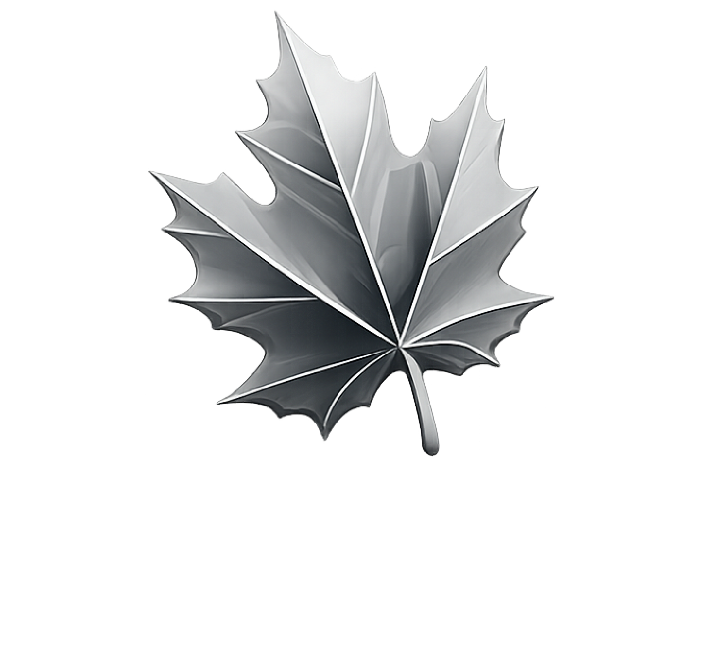 Silver, 3D maple leaf with geometric folds and stem.