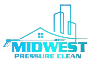 Logo for Midwest Pressure Clean featuring a stylized house, skyscrapers, and a pressure washer wand in blue gradient tones.