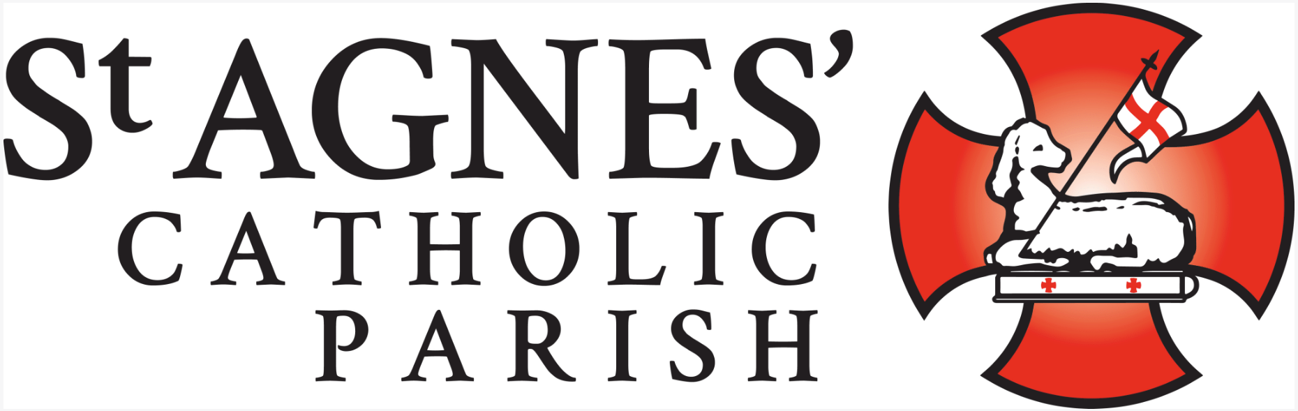 St. Agnes Catholic Parish logo with red and black text beside a red cross and white lamb emblem