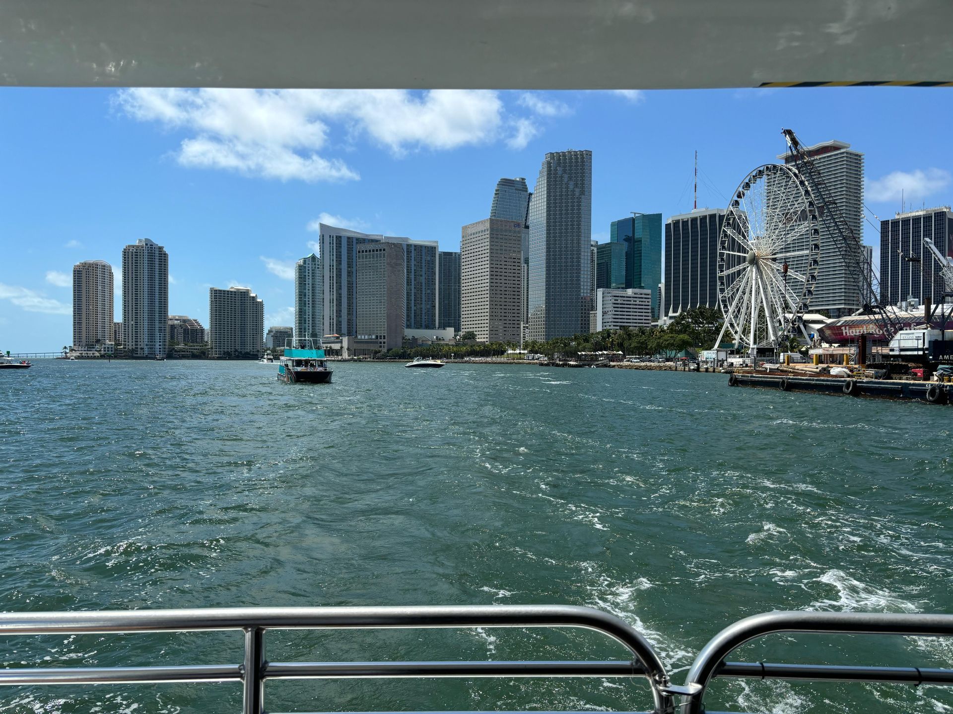 View of the Miami Skyline from the back of the Miami Boat tour cruise of celebrity mansions
