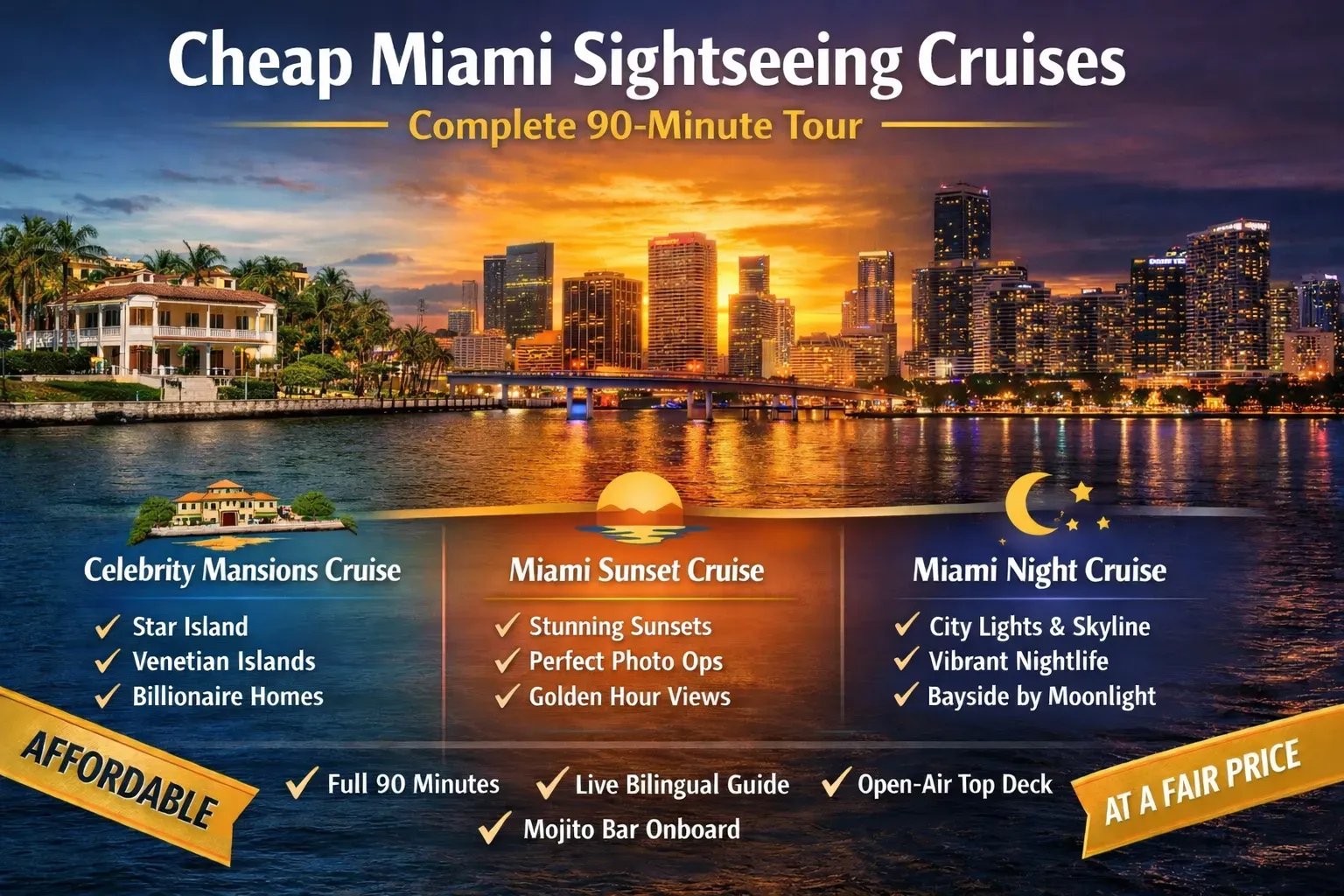 Cheap Miami Sightseeing Cruises infographic showing Celebrity Mansions Cruise, Miami Sunset Cruise and Miami Night Cruise with 90-minute tour details.